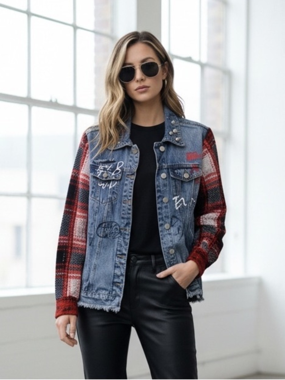Scripted Distressed Denim Jacket Flannel Sleeves Graffiti Embellished Size XS